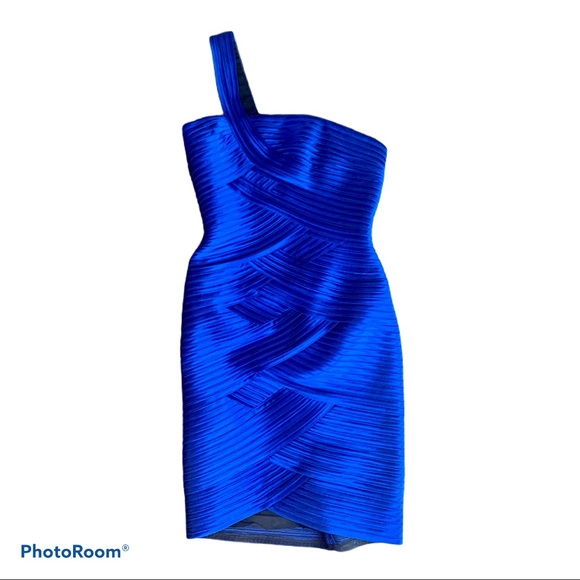 BCBG Blue Sapphire One Strap Woven Plisse Dress - Picture 4 of 8